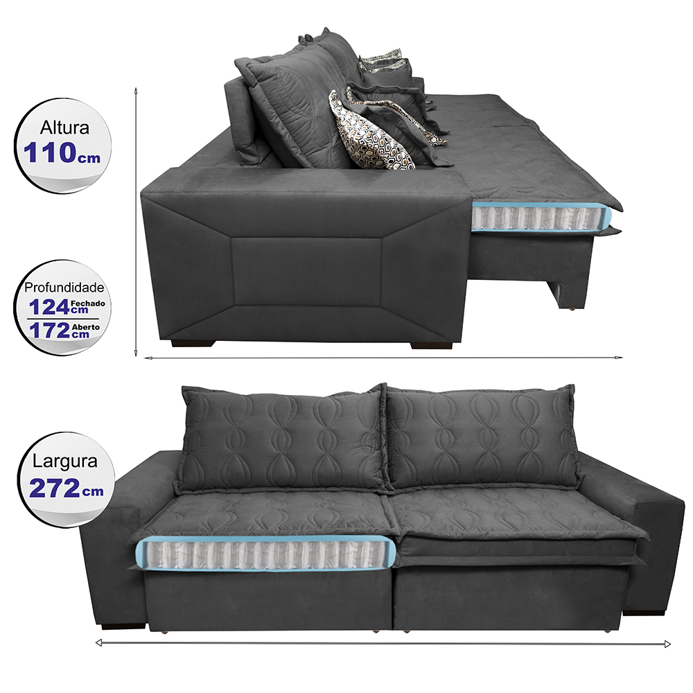 Sofá Retrátil e Reclinável 2,72m com Molas Ensacadas Cama Inbox Supreme Tecido Suede Velusoft Cinza