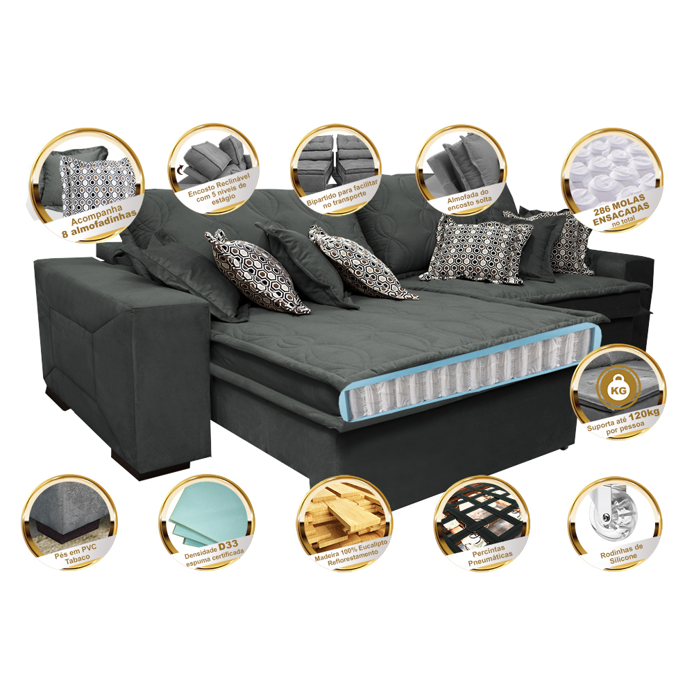 Sofá Retrátil e Reclinável 2,72m com Molas Ensacadas Cama Inbox Supreme Tecido Suede Velusoft Cinza