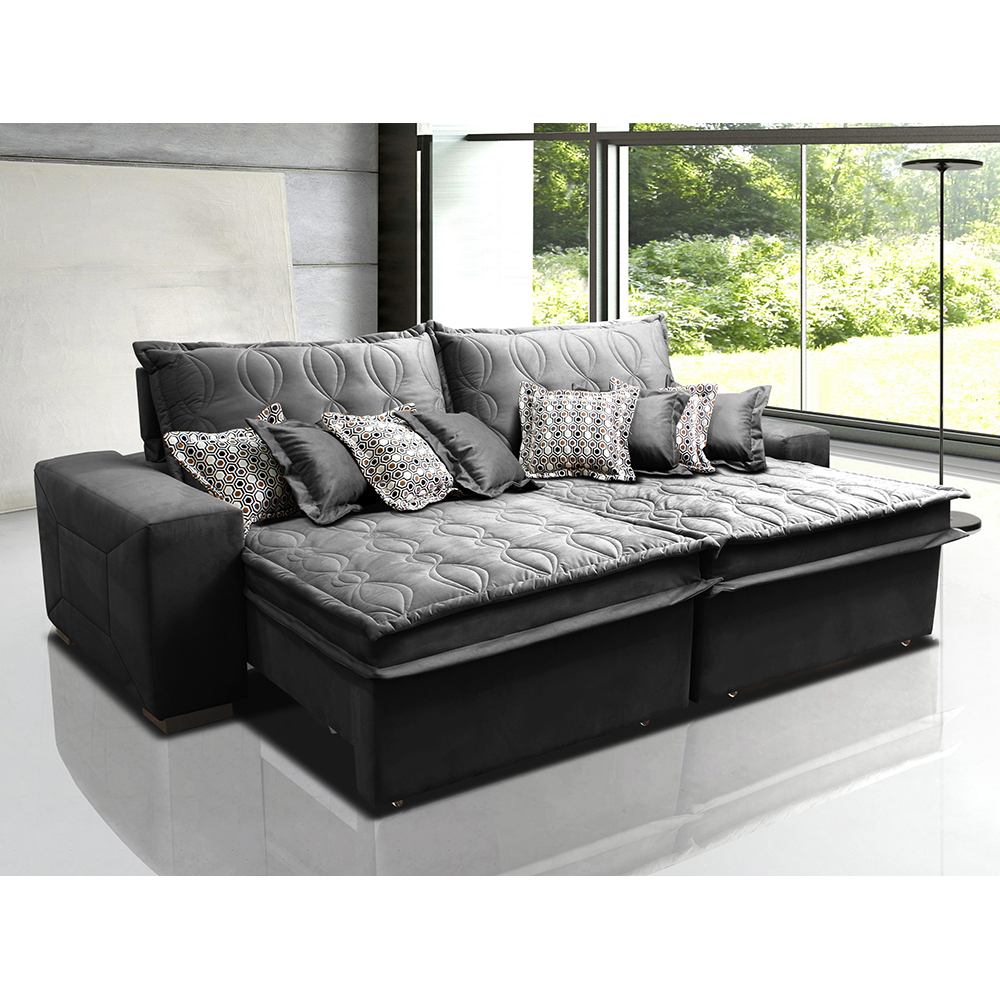 Sofá Retrátil e Reclinável 2,72m com Molas Ensacadas Cama Inbox Supreme Tecido Suede Velusoft Preto