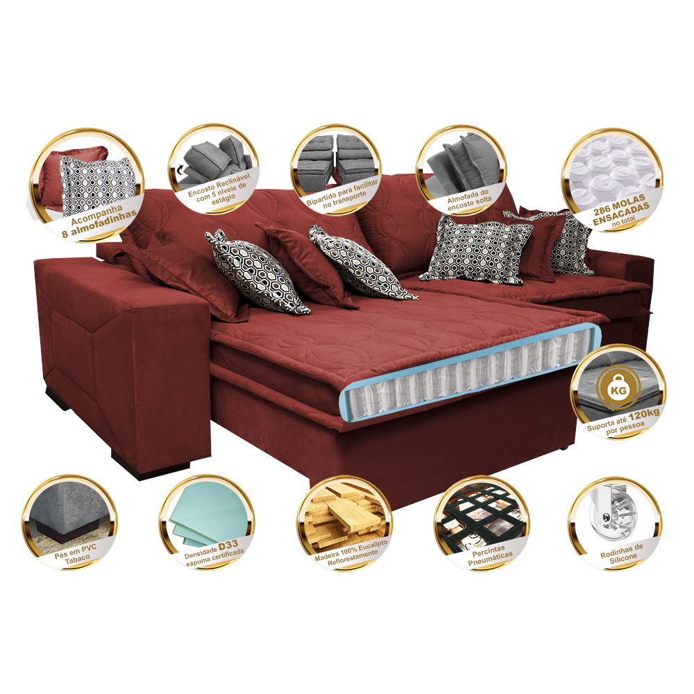 Sofá Retrátil e Reclinável 2,72m com Molas Ensacadas Cama Inbox Supreme Tecido Suede Velusoft Vermelho