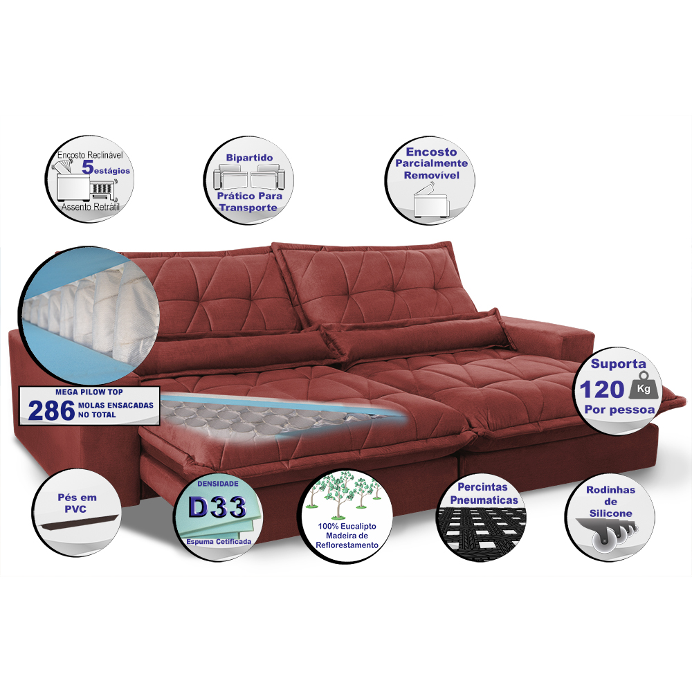 Sofá Retrátil e Reclinável 2,72m com Molas Ensacadas Cama inBox Soft Tecido Suede Vermelho