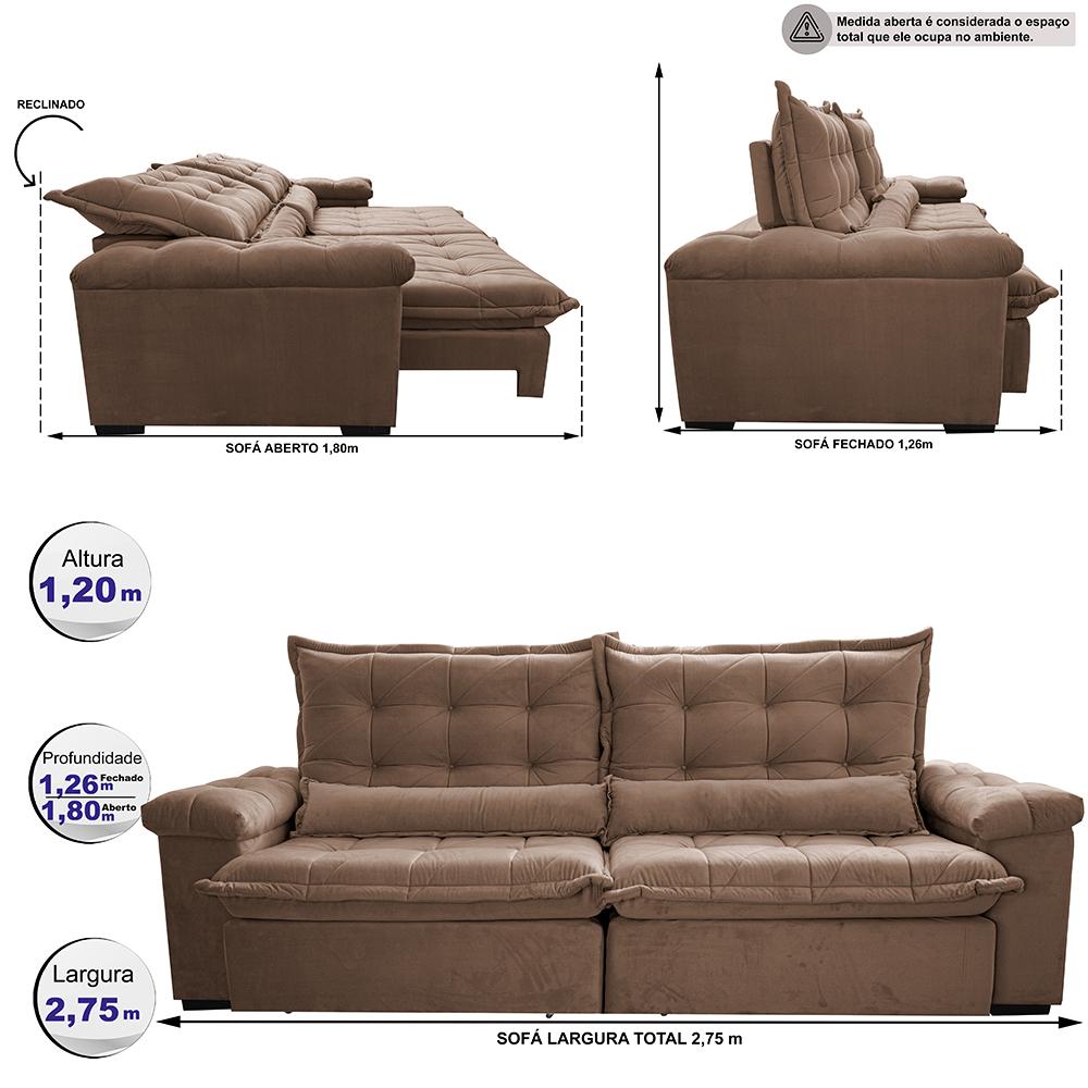 Sofá Retrátil e Reclinável 2,75m Cama inBox Big Fresh com SoftGel D40 Velupluma Castor