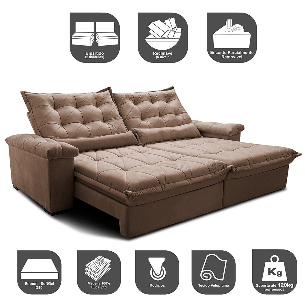 Sofá Retrátil e Reclinável 2,75m Cama inBox Big Fresh com SoftGel D40 Velupluma Castor
