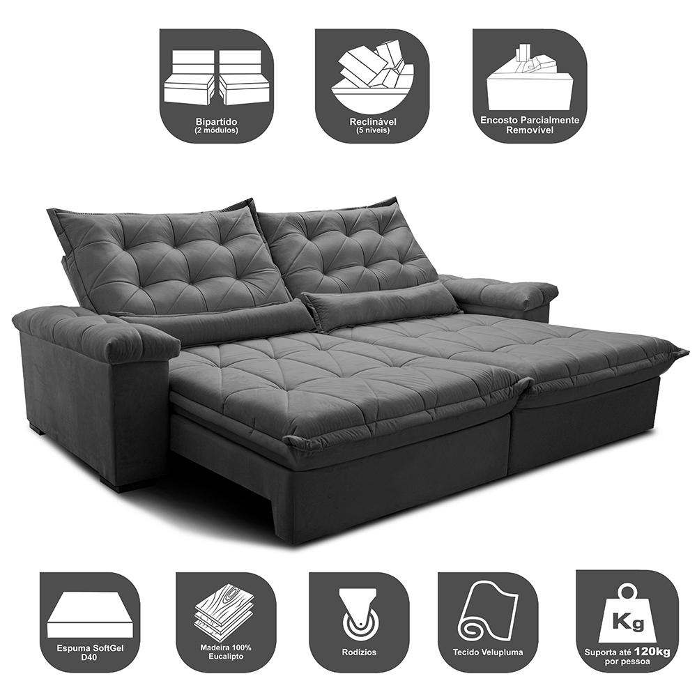 Sofá Retrátil e Reclinável 2,75m Cama inBox Big Fresh com SoftGel D40 Velupluma Cinza