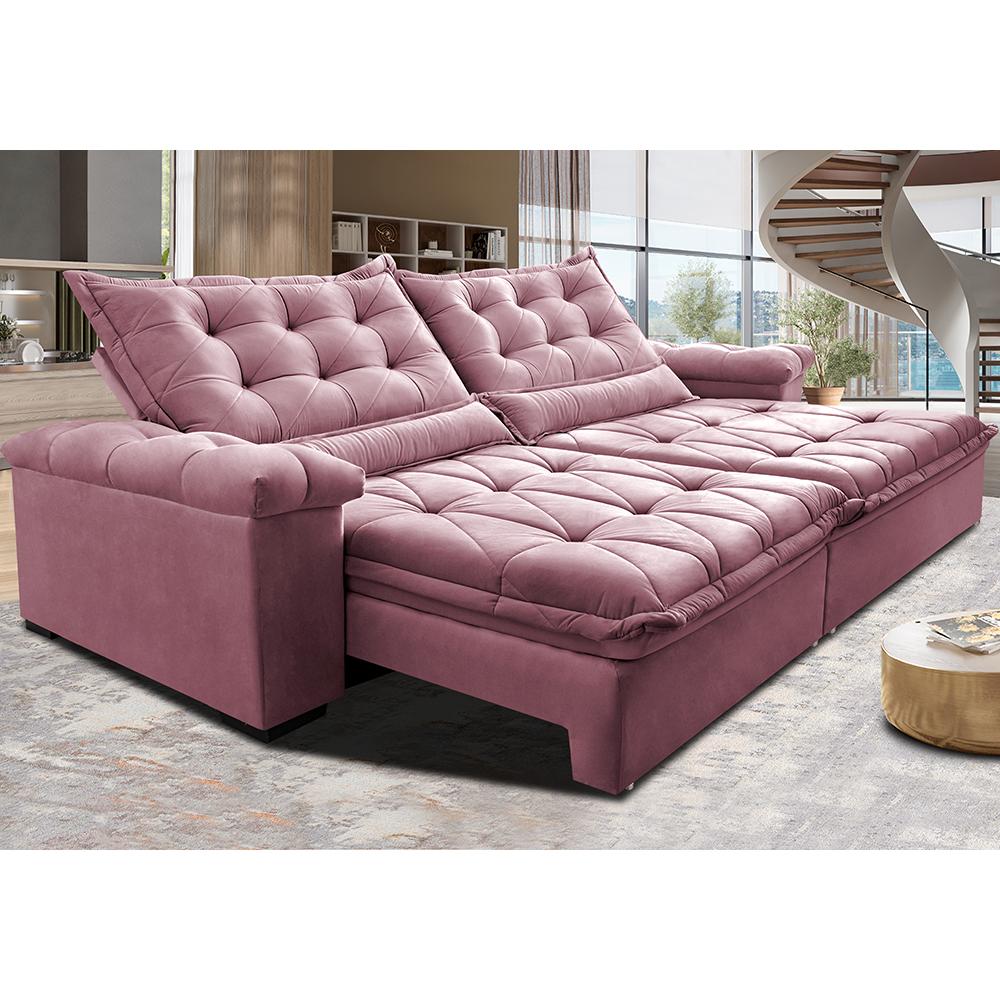 Sofá Retrátil e Reclinável 2,75m Cama inBox Big Fresh com SoftGel D40 Velupluma Rose