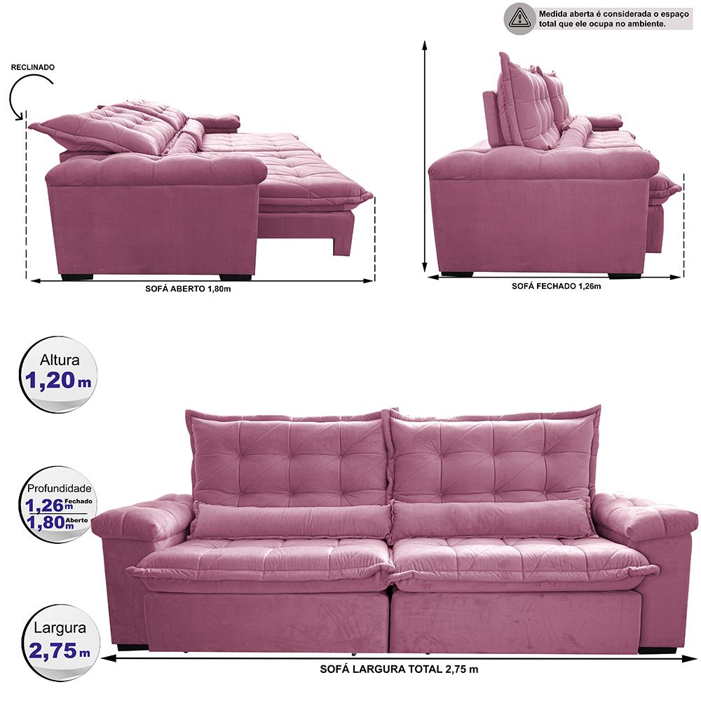 Sofá Retrátil e Reclinável 2,75m Cama inBox Big Fresh com SoftGel D40 Velupluma Rose