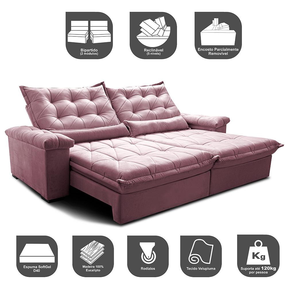 Sofá Retrátil e Reclinável 2,75m Cama inBox Big Fresh com SoftGel D40 Velupluma Rose