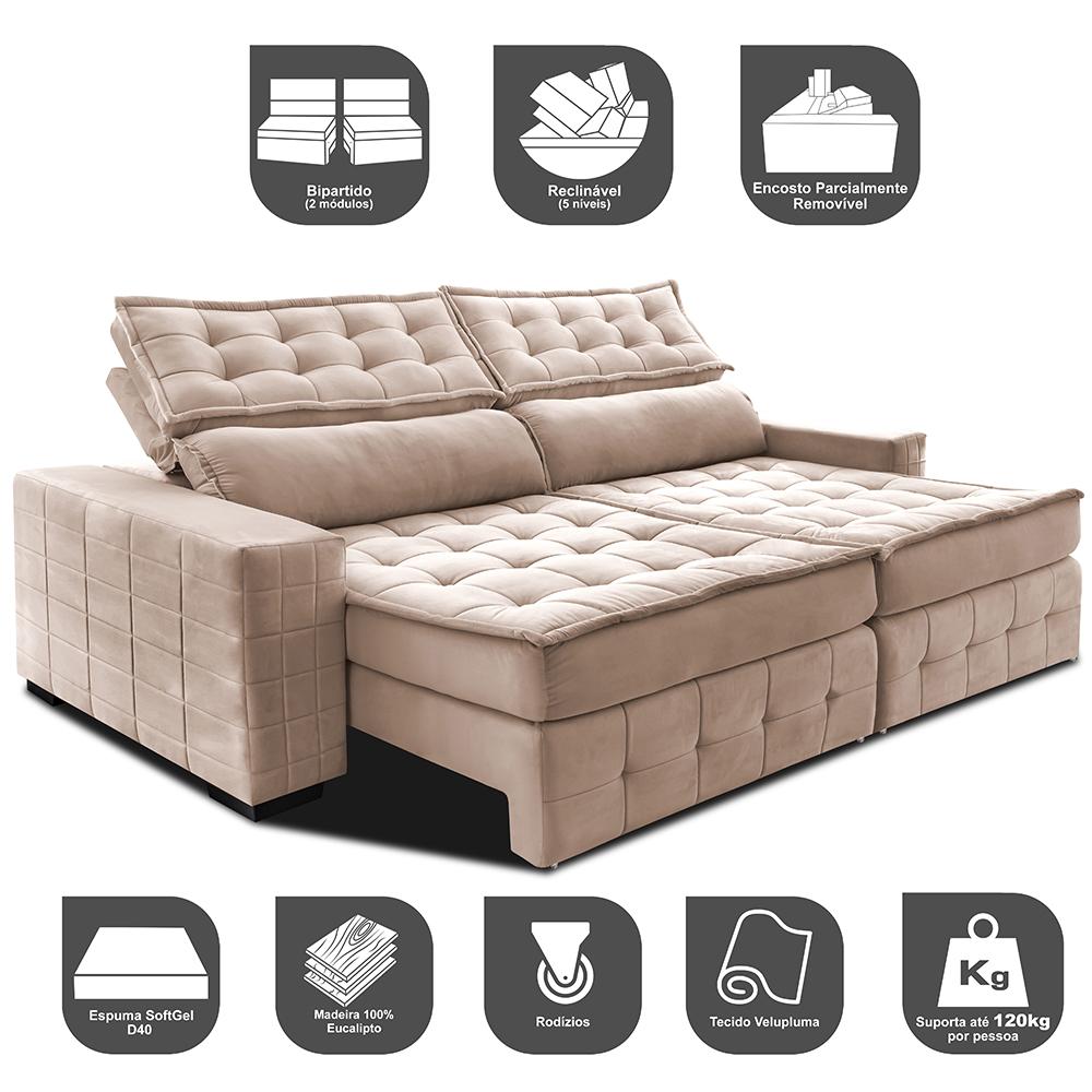 Sofá Retrátil e Reclinável 2,75m Cama inBox Big Puffer com SoftGel D40 Velupluma Bege