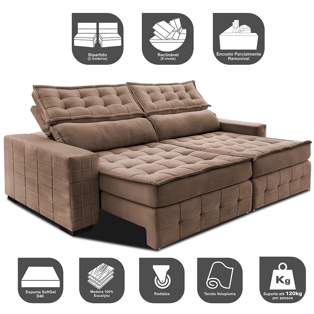 Sofá Retrátil e Reclinável 2,75m Cama inBox Big Puffer com SoftGel D40 Velupluma Castor