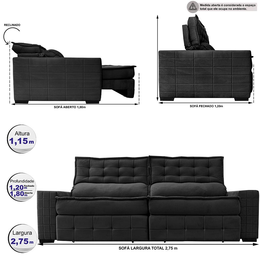 Sofá Retrátil e Reclinável 2,75m Cama inBox Big Puffer com SoftGel D40 Velupluma Preto
