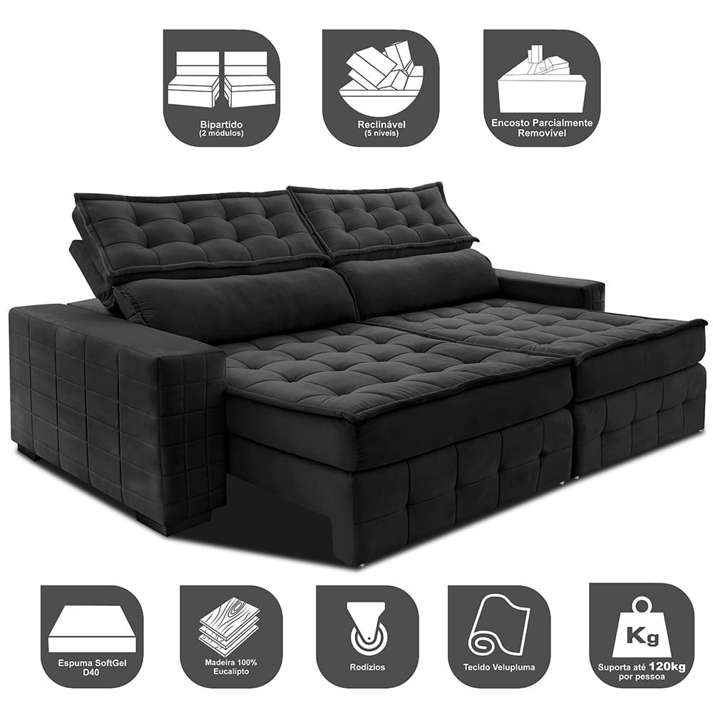 Sofá Retrátil e Reclinável 2,75m Cama inBox Big Puffer com SoftGel D40 Velupluma Preto