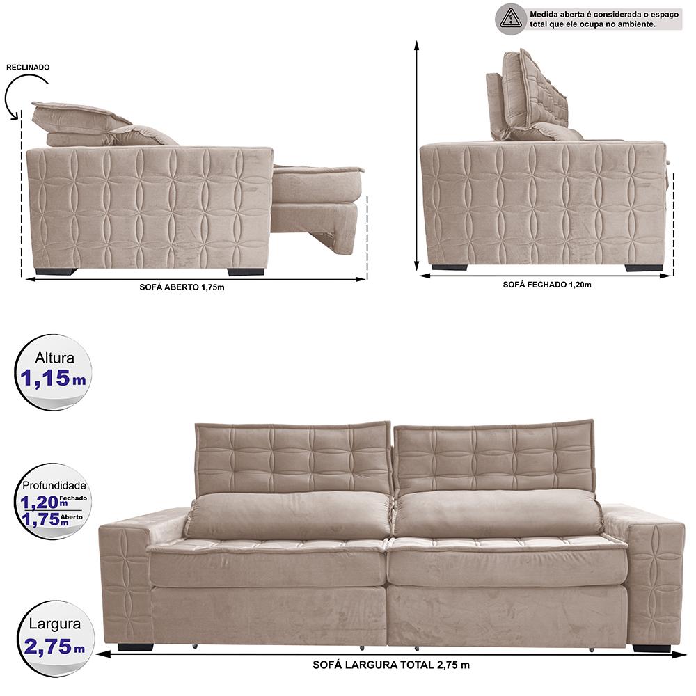 Sofá Retrátil e Reclinável 2,75m Cama inBox Big Star com SoftGel D40 Velupluma Bege