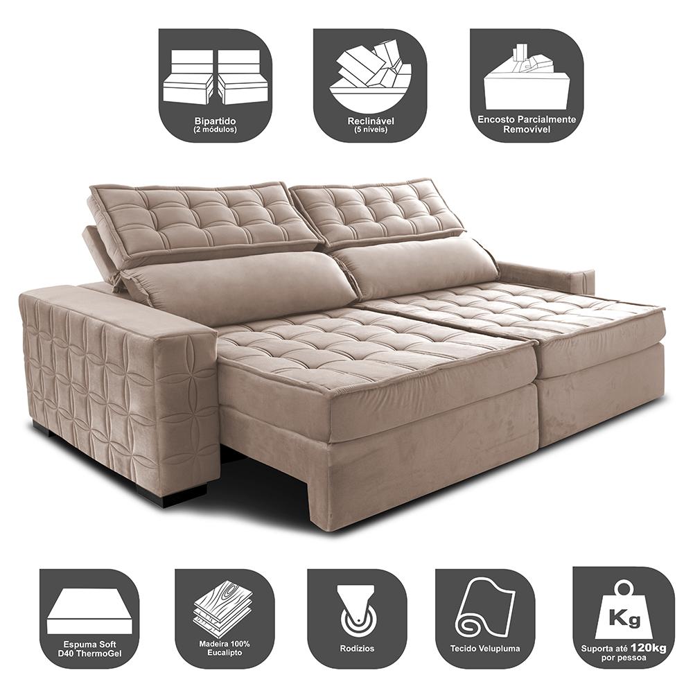 Sofá Retrátil e Reclinável 2,75m Cama inBox Big Star com SoftGel D40 Velupluma Bege