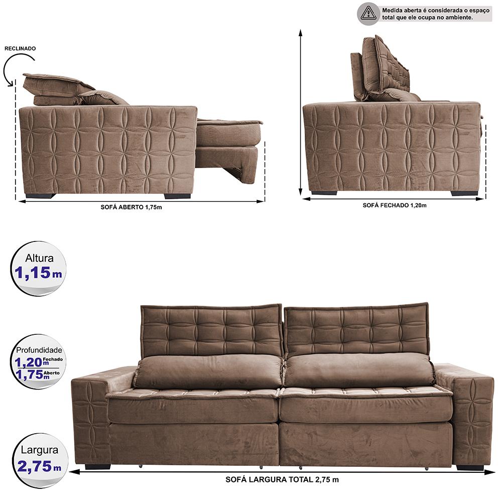 Sofá Retrátil e Reclinável 2,75m Cama inBox Big Star com SoftGel D40 Velupluma Castor