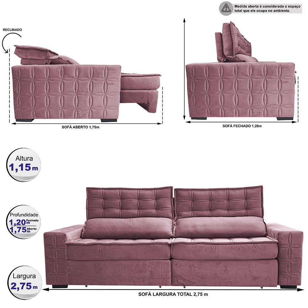 Sofá Retrátil e Reclinável 2,75m Cama inBox Big Star com SoftGel D40 Velupluma Rose
