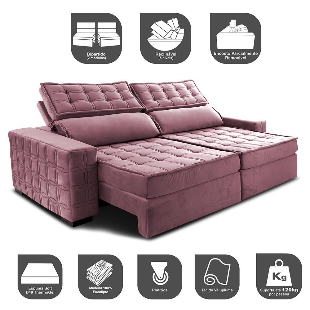 Sofá Retrátil e Reclinável 2,75m Cama inBox Big Star com SoftGel D40 Velupluma Rose