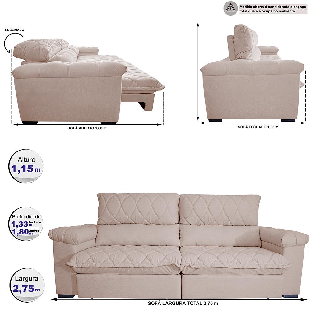 Sofá Retrátil e Reclinável 2,75m Molas Ensacadas Cama inBox Big Home com Bordado 3D Linho Bege Claro