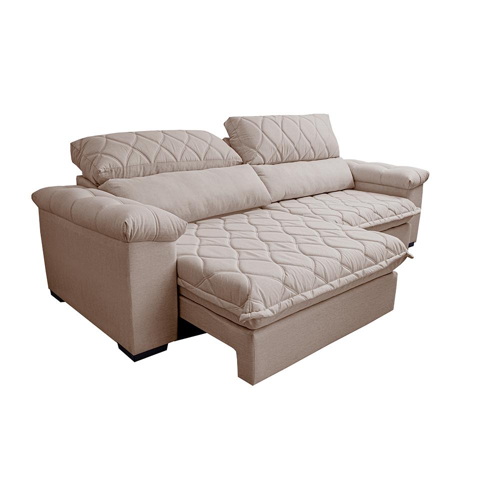 Sofá Retrátil e Reclinável 2,75m Molas Ensacadas Cama inBox Big Home com Bordado 3D Linho Bege Claro