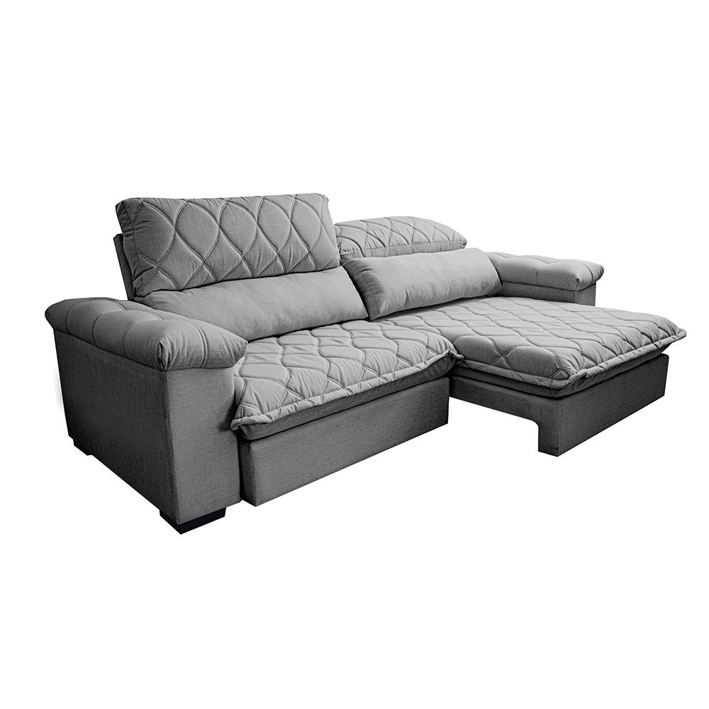 Sofá Retrátil e Reclinável 2,75m Molas Ensacadas Cama inBox Big Home com Bordado 3D Linho Cinza Claro
