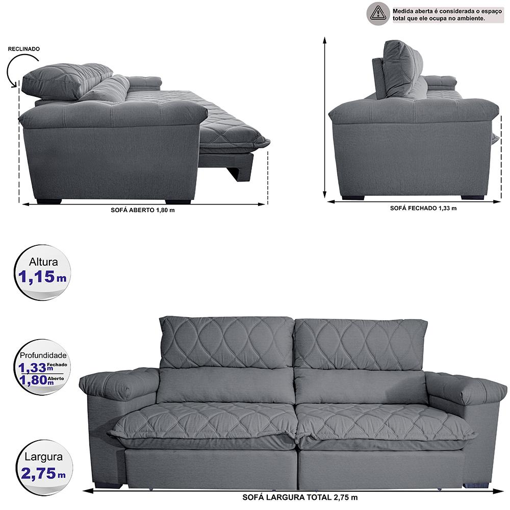 Sofá Retrátil e Reclinável 2,75m Molas Ensacadas Cama inBox Big Home com Bordado 3D Linho Cinza Escuro