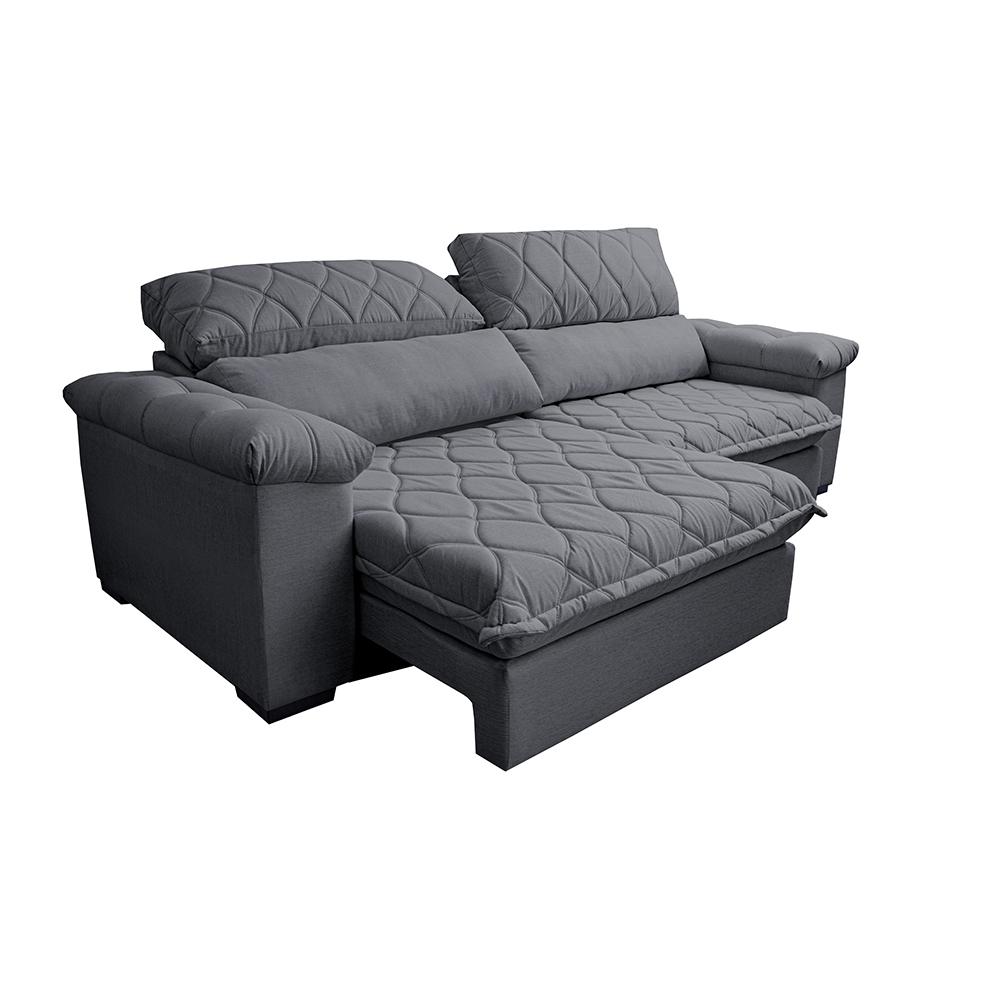 Sofá Retrátil e Reclinável 2,75m Molas Ensacadas Cama inBox Big Home com Bordado 3D Linho Cinza Escuro