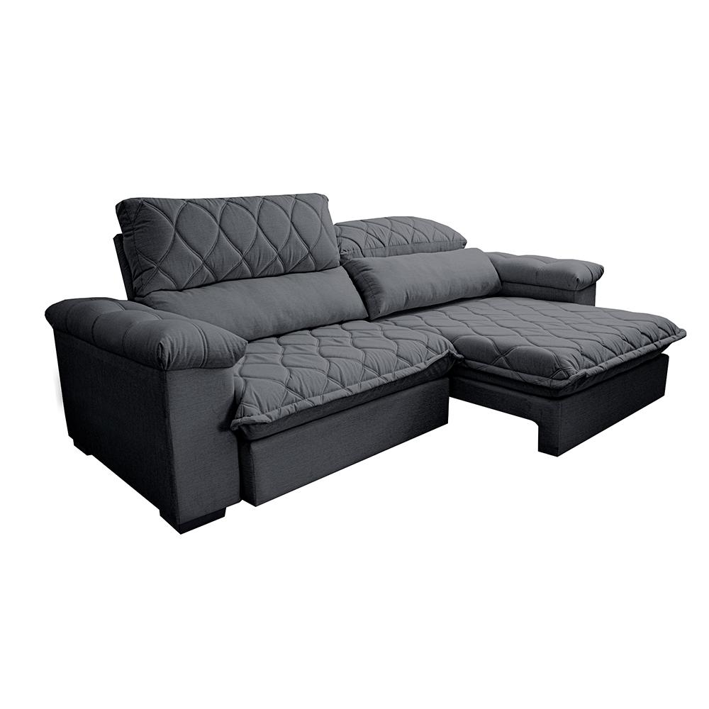 Sofá Retrátil e Reclinável 2,75m Molas Ensacadas Cama inBox Big Home com Bordado 3D Linho Cinza Escuro