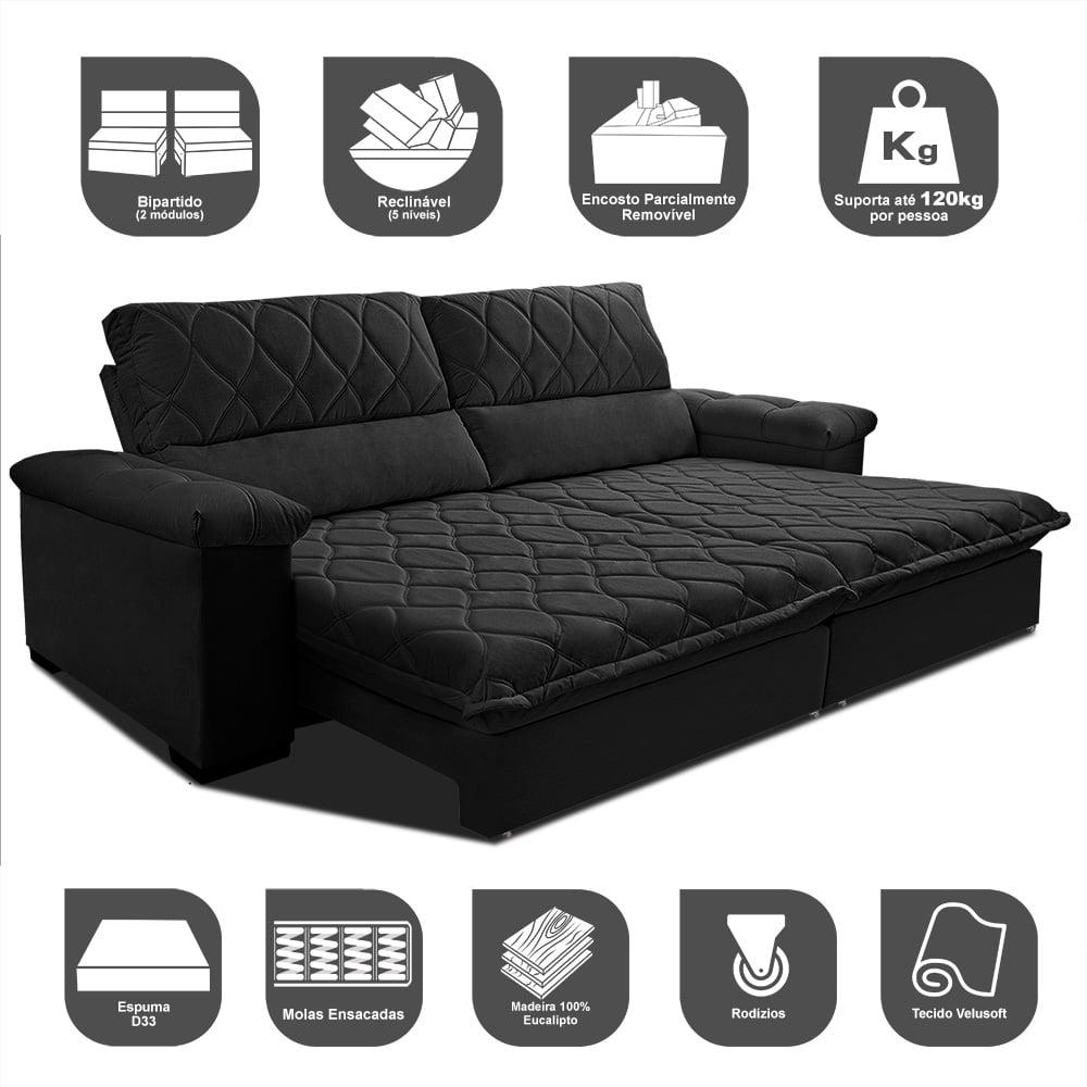 Sofá Retrátil e Reclinável 2,75m Molas Ensacadas Cama inBox Big Home com Bordado 3D Velusoft Preto