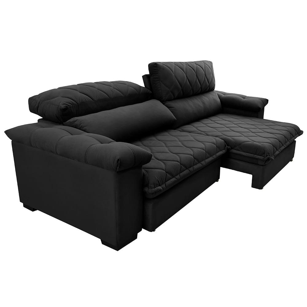 Sofá Retrátil e Reclinável 2,75m Molas Ensacadas Cama inBox Big Home com Bordado 3D Velusoft Preto