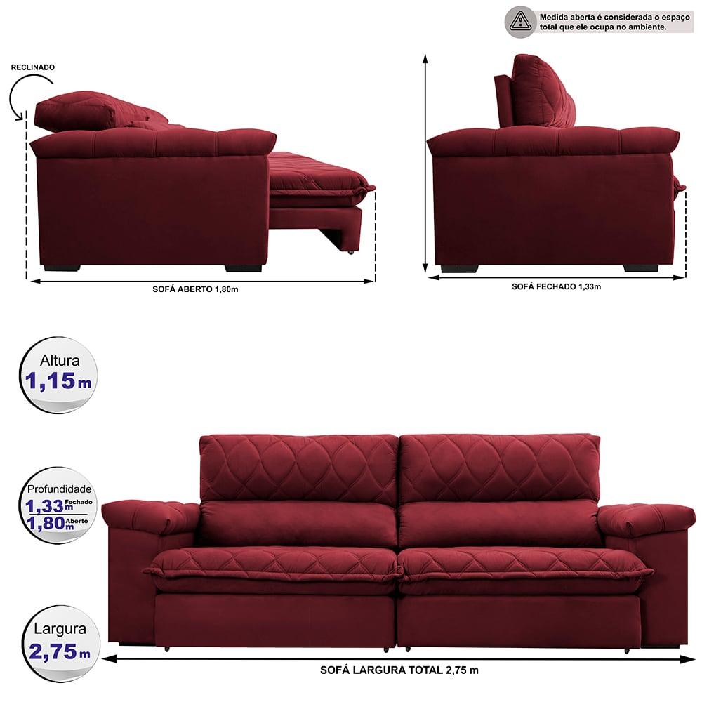 Sofá Retrátil e Reclinável 2,75m Molas Ensacadas Cama inBox Big Home com Bordado 3D Velusoft Vinho
