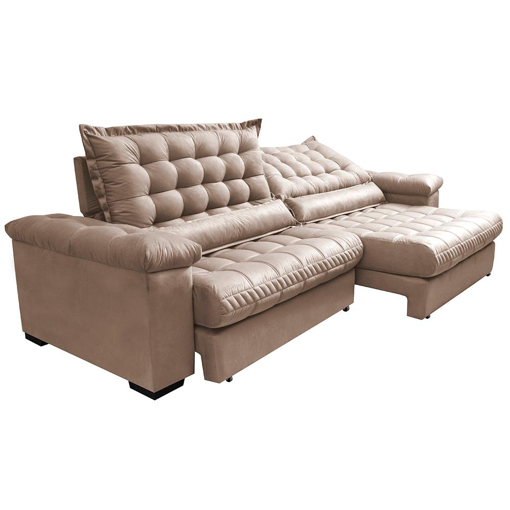 Sofá Retrátil e Reclinável 2,75m Molas Ensacadas Cama inBox Big Space com Bordado 3D Velusoft Bege