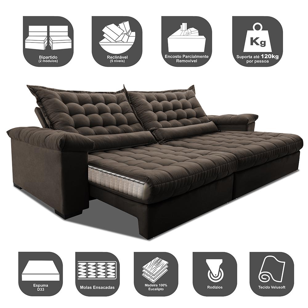Sofá Retrátil e Reclinável 2,75m Molas Ensacadas Cama inBox Big Space com Bordado 3D Velusoft Café
