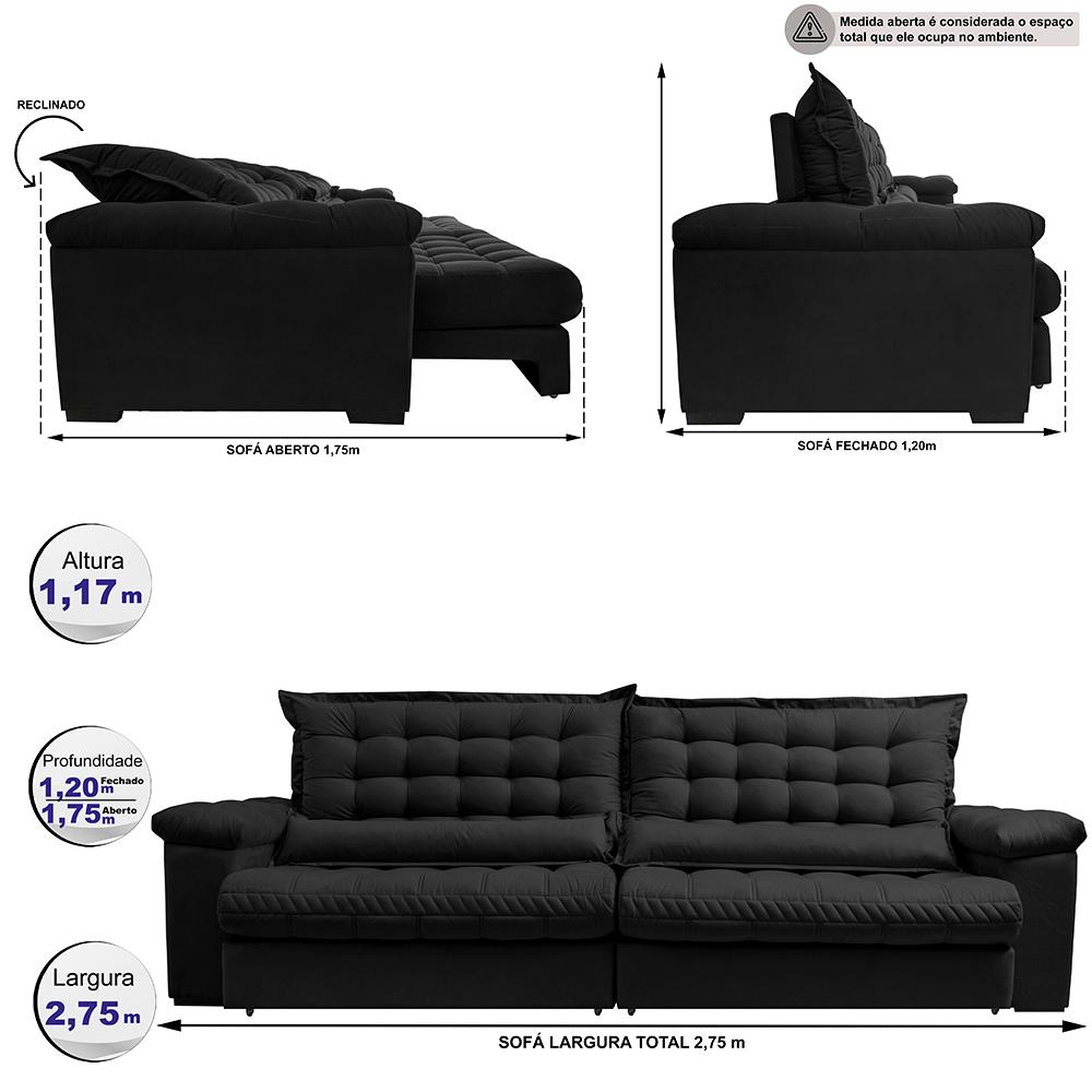 Sofá Retrátil e Reclinável 2,75m Molas Ensacadas Cama inBox Big Space com Bordado 3D Velusoft Preto