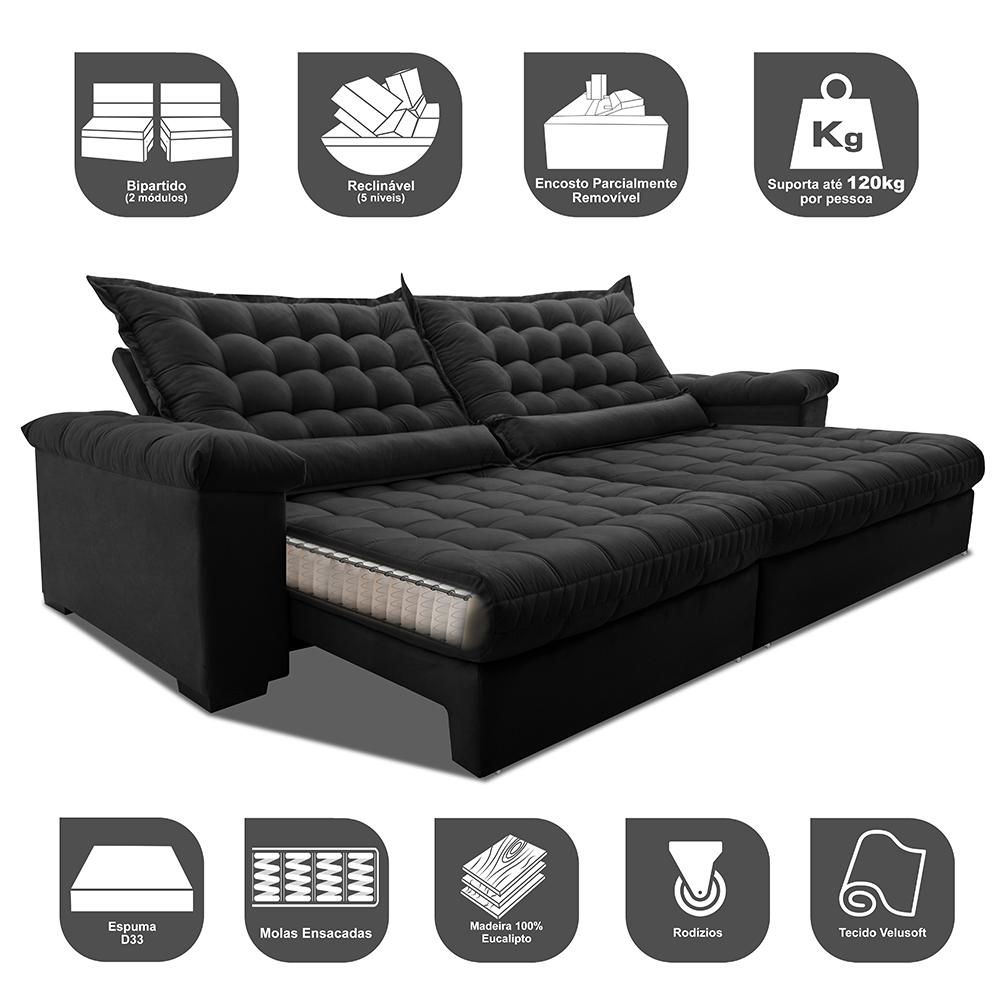 Sofá Retrátil e Reclinável 2,75m Molas Ensacadas Cama inBox Big Space com Bordado 3D Velusoft Preto