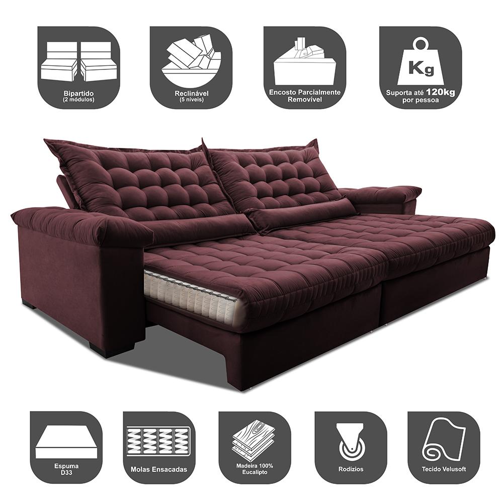 Sofá Retrátil e Reclinável 2,75m Molas Ensacadas Cama inBox Big Space com Bordado 3D Velusoft Vinho