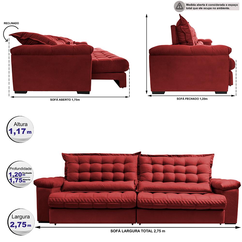 Sofá Retrátil e Reclinável 2,75m Molas Ensacadas Cama inBox Big Space com Bordado Velusoft Vermelho