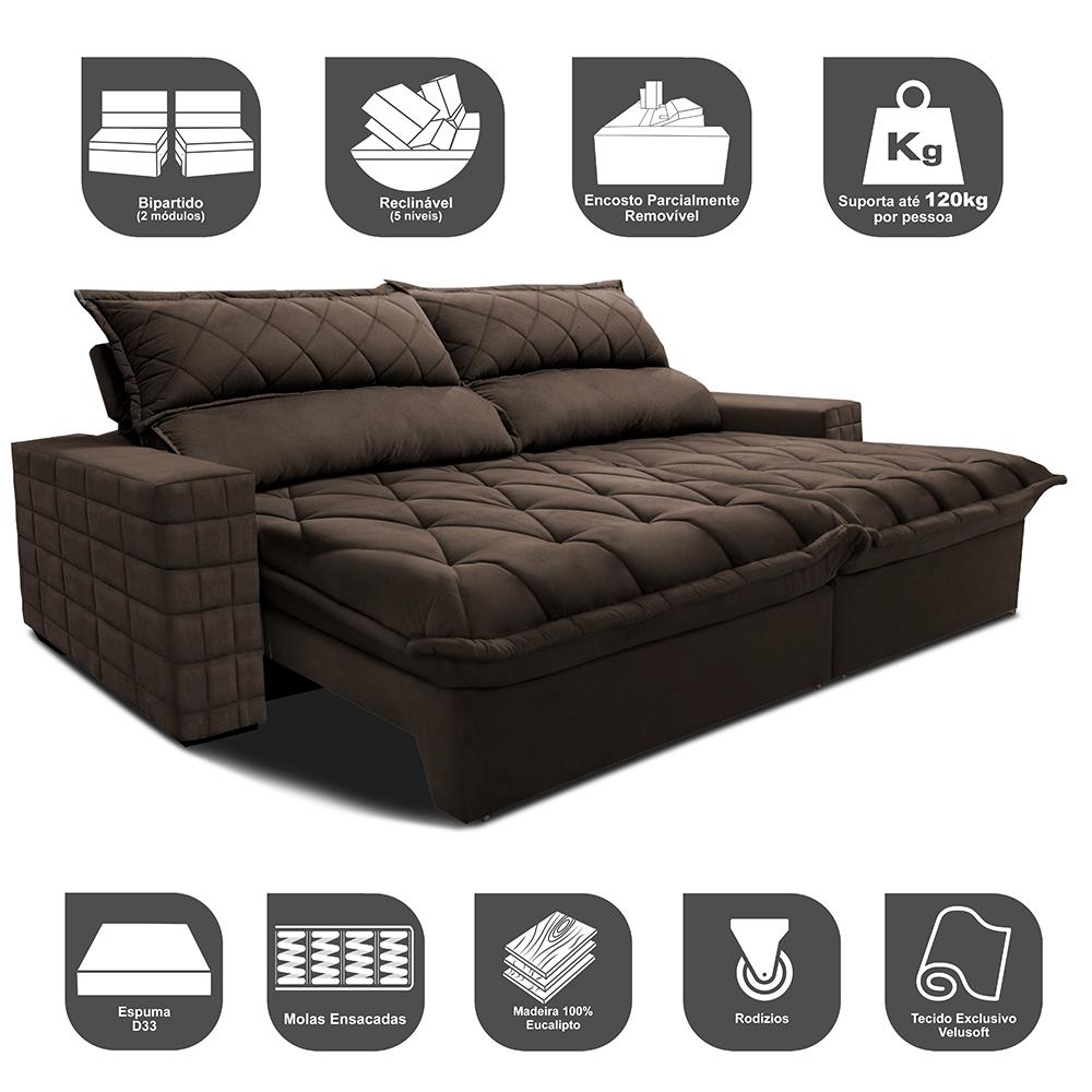Sofá Retrátil e Reclinável 2,75m Molas Ensacadas Cama inBox Elegance com ThermoGel Velusoft Café