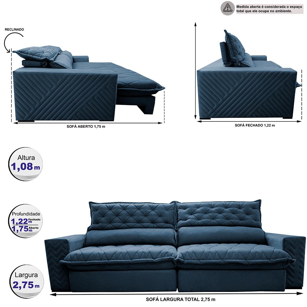 Sofá Retrátil e Reclinável 2,75m Molas Ensacadas Cama inBox Spazus com Bordado 3D Velusoft Azul