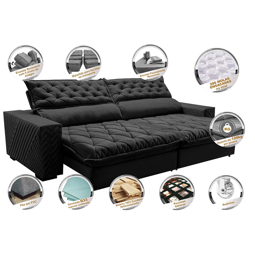 Sofá Retrátil e Reclinável 2,75m Molas Ensacadas Cama inBox Spazus com Bordado 3D Velusoft Preto