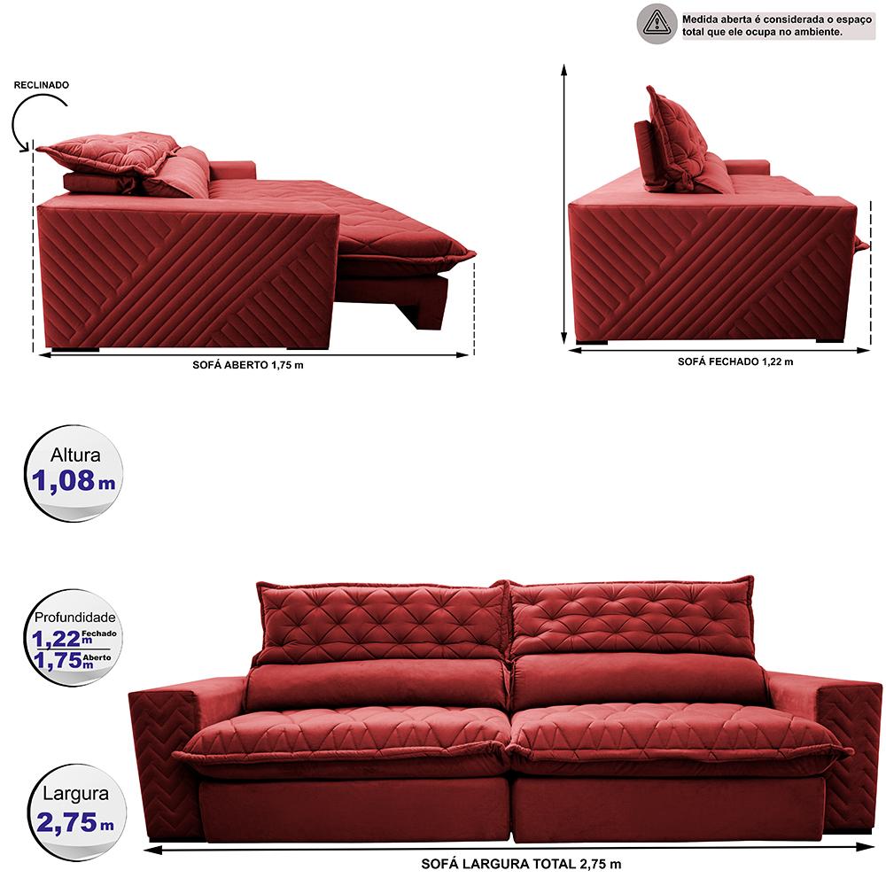 Sofá Retrátil e Reclinável 2,75m Molas Ensacadas Cama inBox Spazus com Bordado 3D Velusoft Vermelho