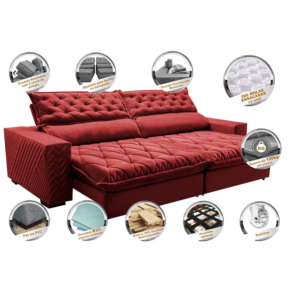 Sofá Retrátil e Reclinável 2,75m Molas Ensacadas Cama inBox Spazus com Bordado 3D Velusoft Vermelho