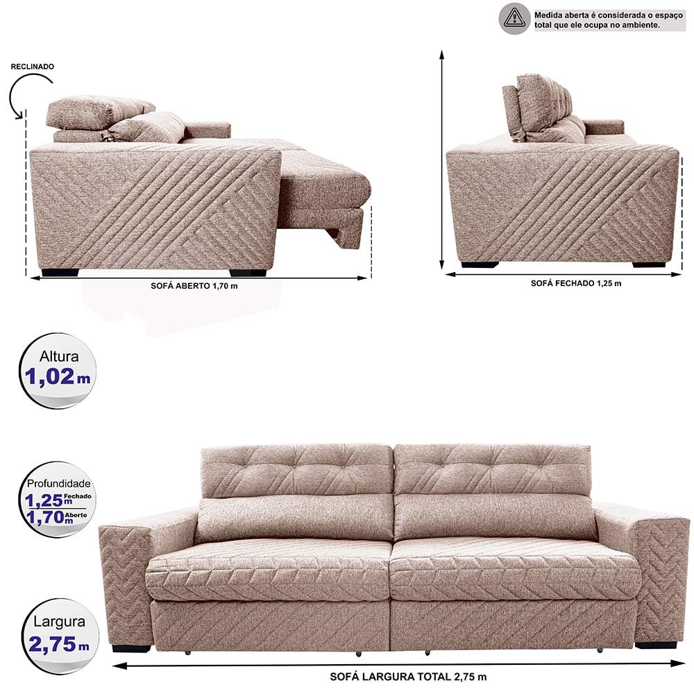 Sofá Retrátil e Reclinável 2,75m Molas Ensacadas Cama inBox Style Thermo Gel Linho Bege Claro