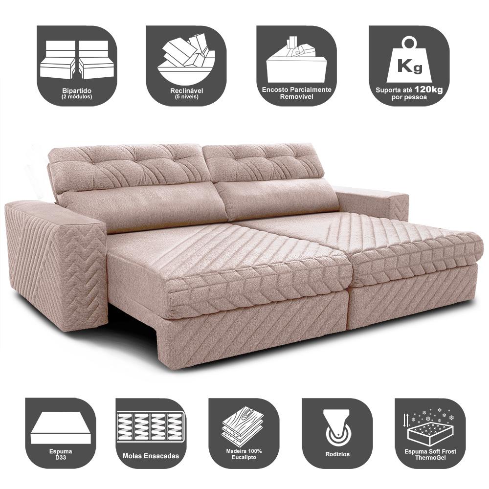 Sofá Retrátil e Reclinável 2,75m Molas Ensacadas Cama inBox Style Thermo Gel Linho Bege Claro