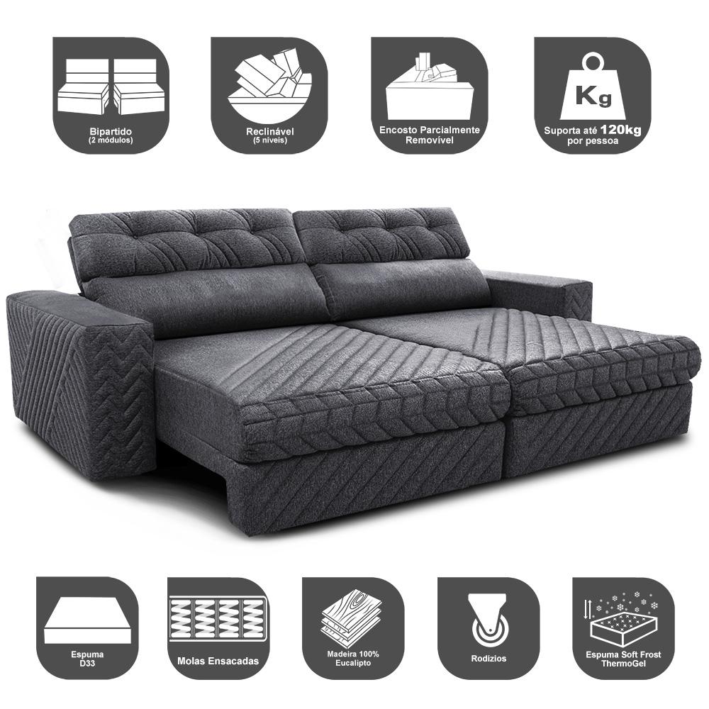 Sofá Retrátil e Reclinável 2,75m Molas Ensacadas Cama inBox Style Thermo Gel Linho Cinza Escuro
