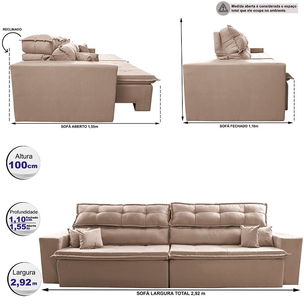Sofá Retrátil e Reclinável 2,92m Luxos Cama inBox Velusoft Bege
