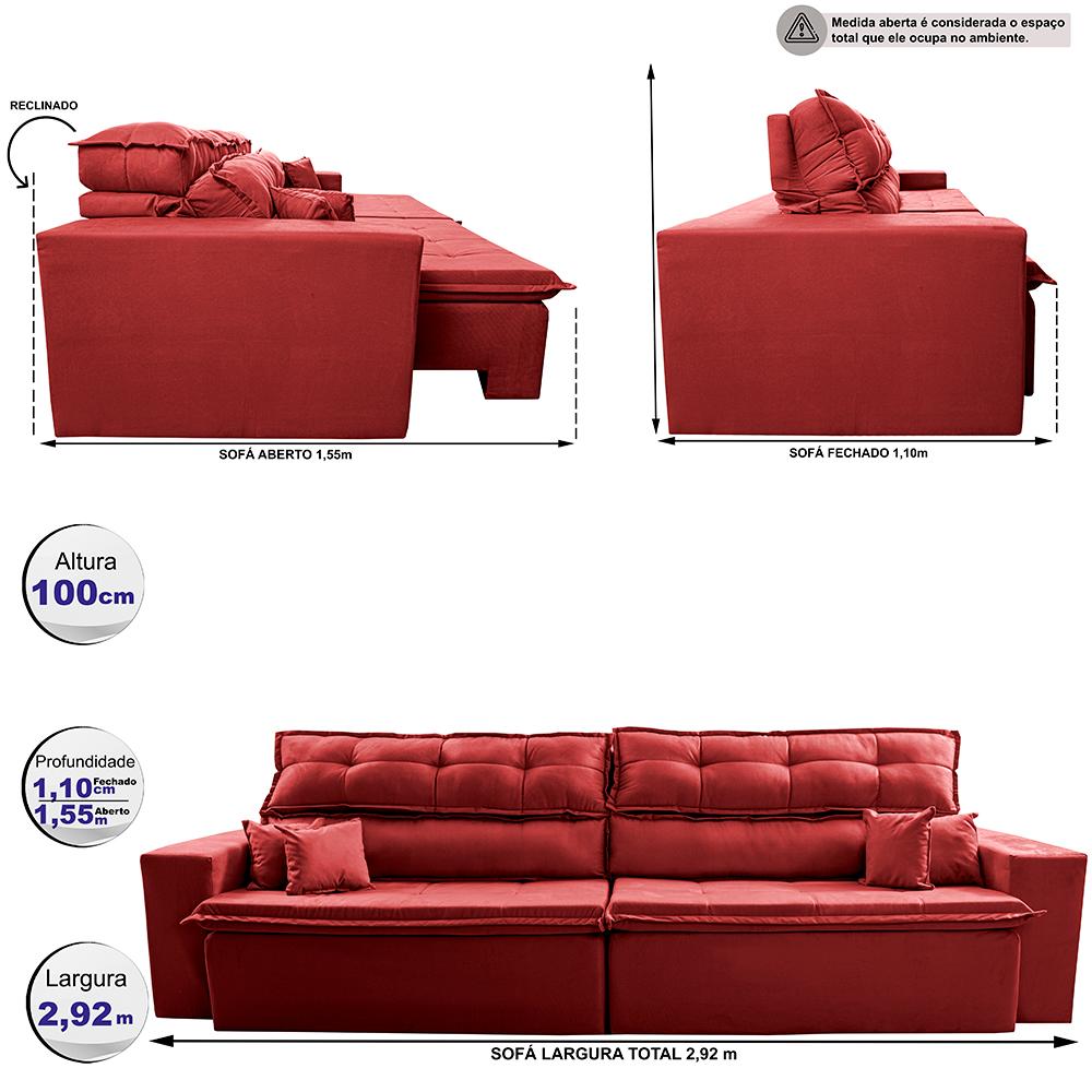 Sofá Retrátil e Reclinável 2,92m Luxos Cama inBox Velusoft Vermelho