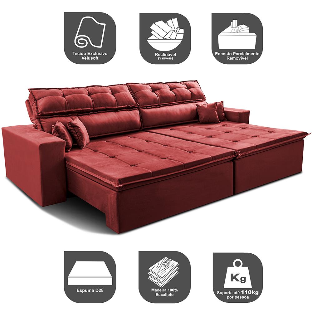 Sofá Retrátil e Reclinável 2,92m Luxos Cama inBox Velusoft Vermelho