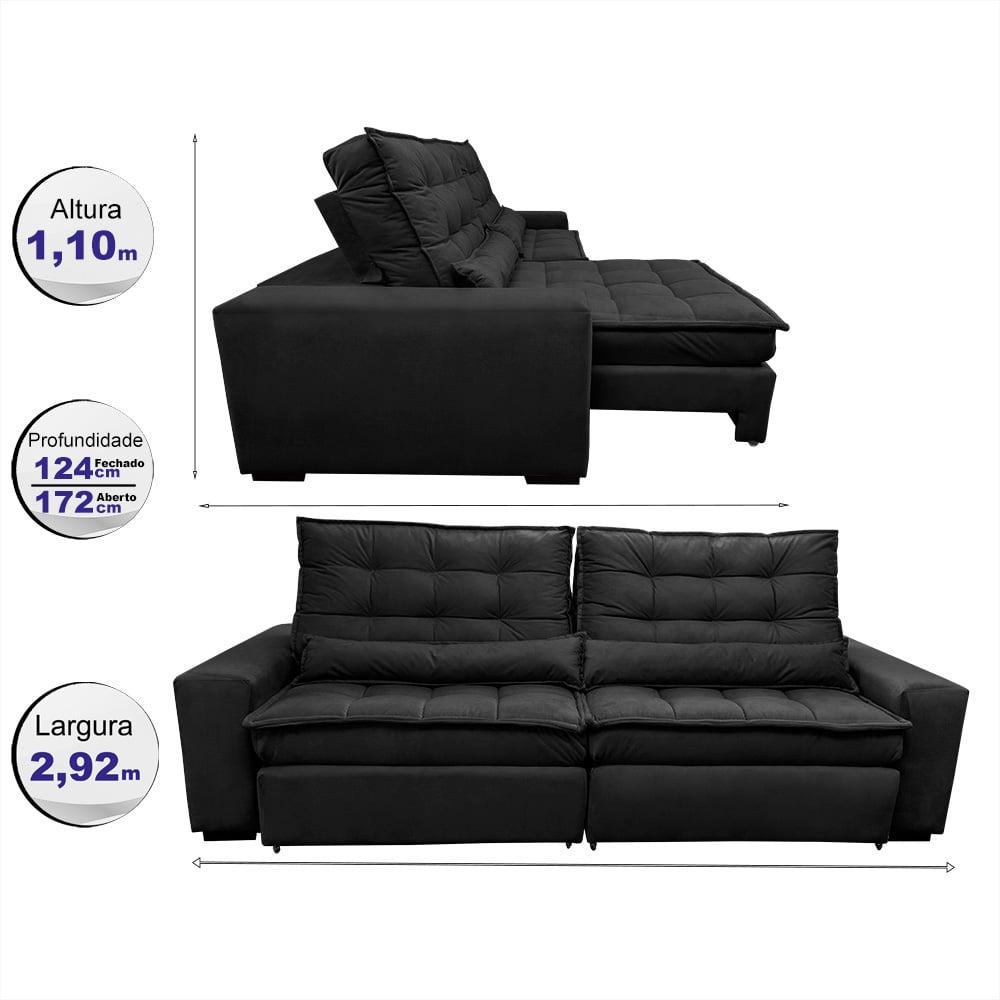 Sofá Retrátil e Reclinável 2,92m Molas Ensacadas Cama inBox Catar Velusoft Preto