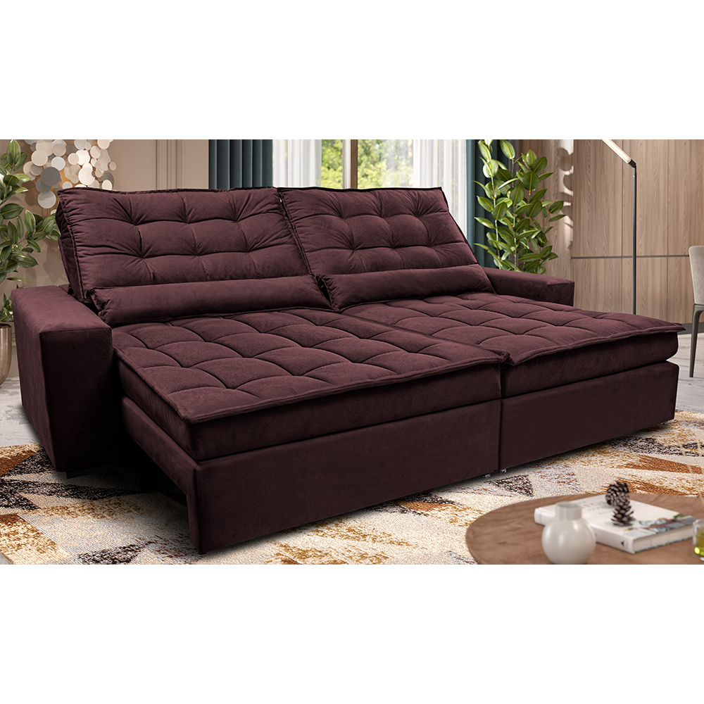 Sofá Retrátil e Reclinável 2,92m Molas Ensacadas Cama inBox Catar Velusoft Vinho