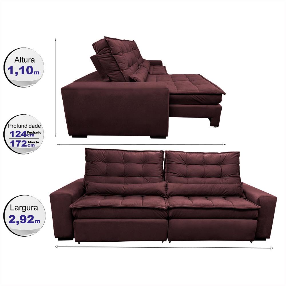 Sofá Retrátil e Reclinável 2,92m Molas Ensacadas Cama inBox Catar Velusoft Vinho