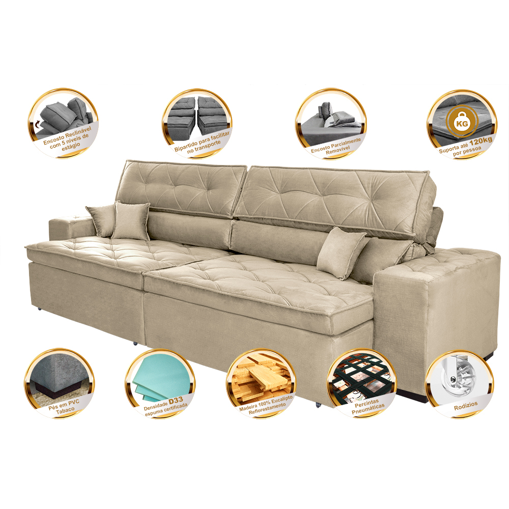 Sofá Retrátil e Reclinável 2,92m com Molas Cama inBox Estilo Suede Velusoft Bege